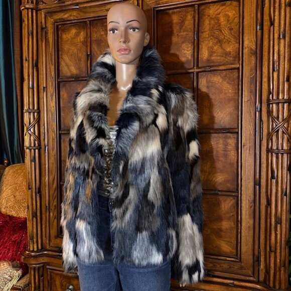 Boston Proper Blue Multi Premium Faux Fur Coat - Picture 2 of 16